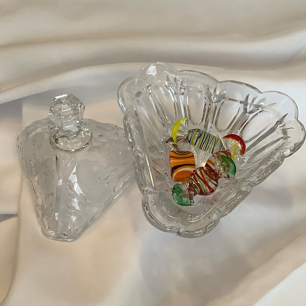Glass candy dish w glass candies